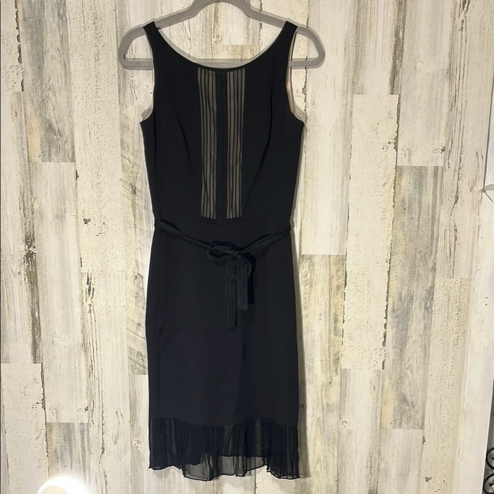 Kay Unger Black Sheath Pleated Panels Skirt Midi Dress Scoop Neck Sleeveless
